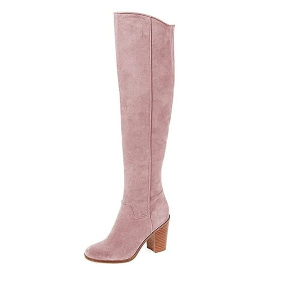YDN Light Pink Round Toe Zipper Block Heel Saddle Wide Calf Knee High Boots - Picture 1 of 10